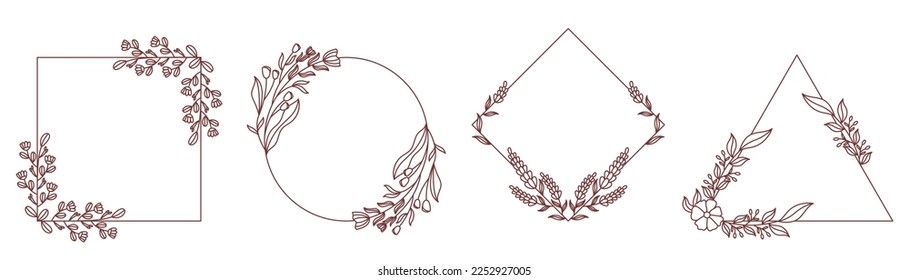 Floral Frames, Decorative Elements for Wedding Cards, Invitations, Elegant Linear Square, Round, Triangle and Rhombus Borders with Flowers Isolated on White Background. Cartoon Vector Illustration