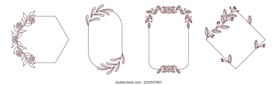 Floral Frames, Elegant Linear Borders with Flowers and Leaves Isolated on White Background. Decorative Elements for Wedding Cards, Invitations, Photo Frames. Cartoon Vector Illustration