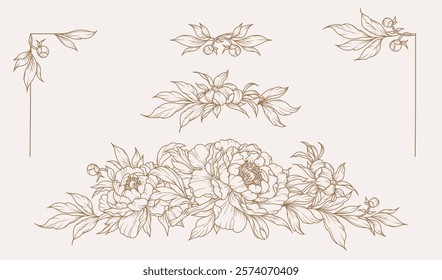 Floral frames with golden peony flowers, branches and leaves in line art style. Vector illustration for card, banner, wedding invitation, save the date, tattoo, advertising, packaging