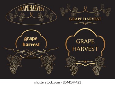 floral frames with grape for grape harvest - vector set of golden silhouettes