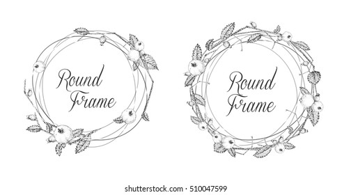 Floral frames for greeting cards or invitations. Black and white. Vector illustration. Composition of autumn leaves and berries. Pointillism style.