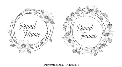 Floral frames for greeting cards or invitations. Black and white. Vector illustration. Composition of autumn flowers and berries. Pointillism style.