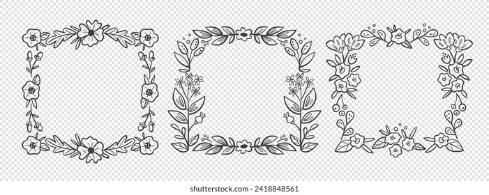 Floral frames. Hand drawn botanical vector illustration. For greeting cards, wedding invitations, label design... Black and white floral decorative frames.