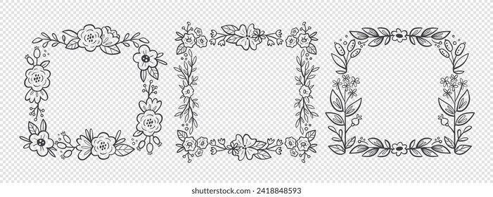Floral frames. Hand drawn botanical vector illustration. For greeting cards, wedding invitations, label design... Black and white floral decorative frames.