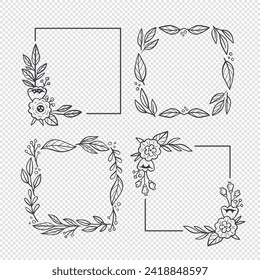 Floral frames. Hand drawn botanical vector illustration. For greeting cards, wedding invitations, label design... Black and white floral decorative frames.