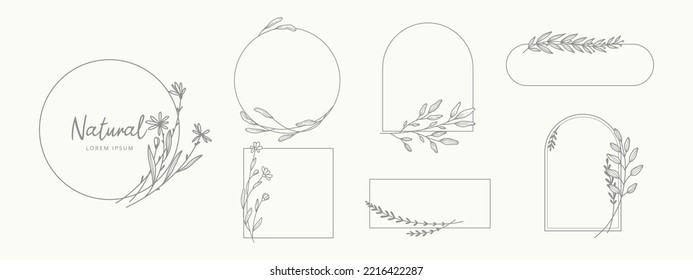 Floral frames. Hand drawn minimal line branch, flowers and leaves. Botanical trendy wreath borders. Vector  plant elements for  wedding invitation, save the date card, logo, labels, corporate identity