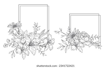 Floral Frames Line Art, Fine Line Wildflower Frames Hand Drawn Illustration. Outline Leaves and Flowers. 
