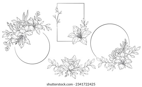 Floral Frames Line Art, Fine Line Wildflower Frames Hand Drawn Illustration. Esbozar hojas y flores. 