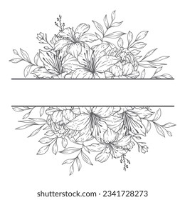 Floral Frames Line Art, Fine Line Wildflower Frames Hand Drawn Illustration. Outline Leaves and Flowers. 