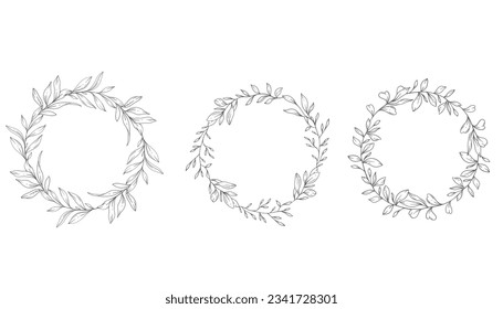 Floral Frames Line Art, Fine Line Greenery Frames Hand Drawn Illustration. Outline Leaves and Flowers. 