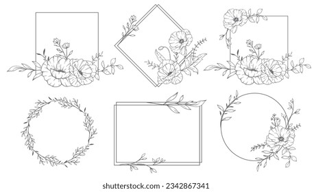 Floral Frames Line Art, Fine Line Poppy Frames Hand Drawn Illustration. Outline Leaves and Flowers