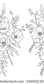 Floral Frames Line Art, Fine Line Poppy Frames Hand Drawn Illustration. Outline Leaves and Flowers