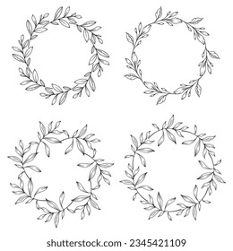 Floral Frames Line Art, Fine Line Greenery Frames Hand Drawn Illustration. Outline Leaves and Flowers. 