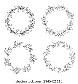 Floral Frames Line Art, Fine Line Greenery Frames Hand Drawn Illustration. Outline Leaves and Flowers. 