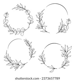 Floral Frames Line Art, Fine Line Eucalyptus Frames Hand Drawn Illustration. Eucalyptus Outline Frame