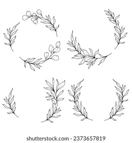 Floral Frames Line Art, Fine Line Eucalyptus Frames Hand Drawn Illustration. Eucalyptus Outline Frame