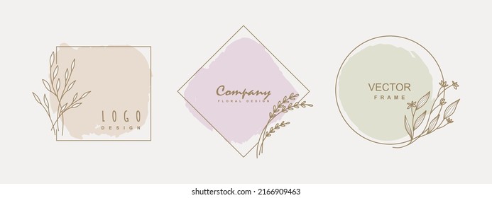 Floral frames. Logo template hand drawn in minimal style with flowers. Botanical trendy vector illustration for labels, 
branding business identity, wedding invitation. Vector illustration