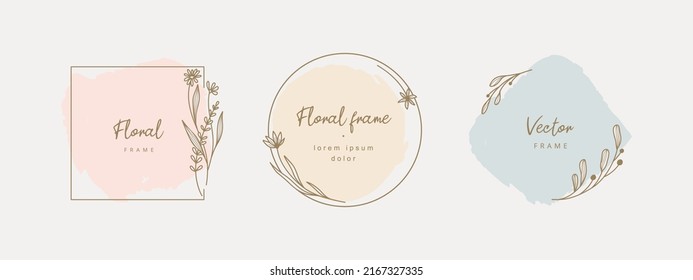 Floral frames. Logo template hand drawn in minimal style with flowers. Botanical trendy vector illustration for labels, 
branding business identity, wedding invitation. Vector illustration