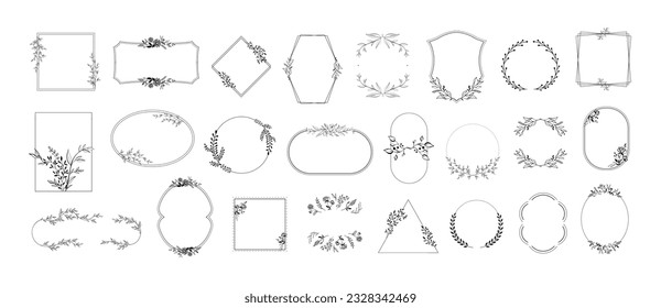 Marcos florales. Formas minimalistas de diseño de bordes con flores florecientes, hojas dibujadas a mano y esbozos de ramas adornos de plantilla vectorial. Elegantes plantillas de lujo con follaje y flor