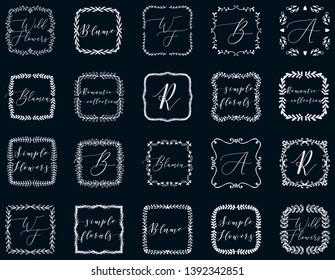 Floral Frames or Monograms Hand Drawn Elements Set. Doodle Branches Border Illustration for Wedding Invitations, Greeting Card or Restaurant Menu. Hipster Hand Made Logo Design Template.