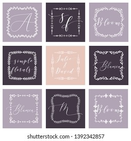 Floral Frames or Monograms Hand Drawn Elements Set. Doodle Branches Border Illustration for Wedding Invitations, Greeting Card or Restaurant Menu. Hipster Hand Made Logo Design Template.