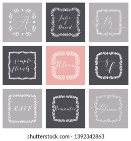 Floral Frames or Monograms Hand Drawn Elements Set. Doodle Branches Border Illustration for Wedding Invitations, Greeting Card or Restaurant Menu. Hipster Hand Made Logo Design Template.