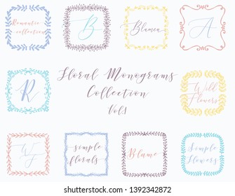 Floral Frames or Monograms Hand Drawn Elements Set. Doodle Branches Border Illustration for Wedding Invitations, Greeting Card or Restaurant Menu. Hipster Hand Made Logo Design Template.