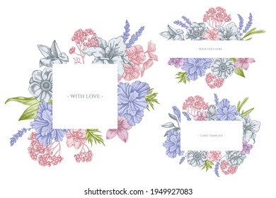 Floral frames with pastel anemone, lavender, rosemary everlasting, phalaenopsis, lily, iris