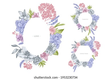 Floral frames with pastel anemone, lavender, rosemary everlasting, phalaenopsis, lily, iris