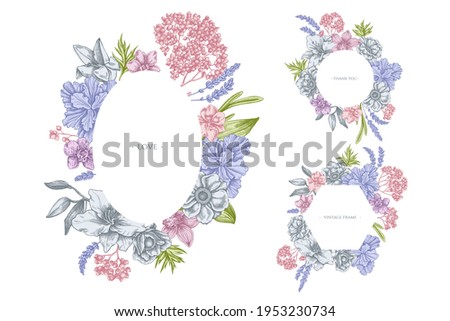 Floral frames with pastel anemone, lavender, rosemary everlasting, phalaenopsis, lily, iris
