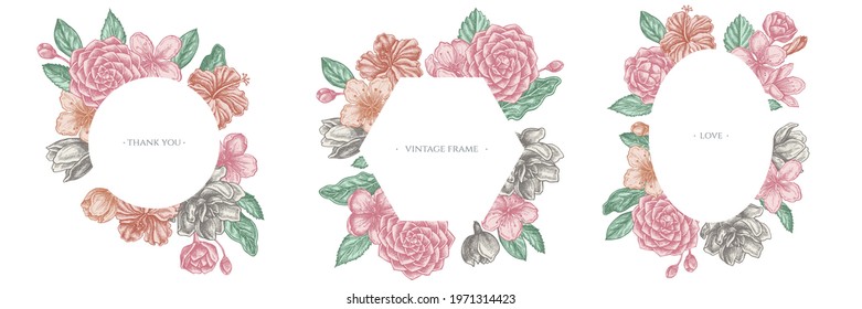 Floral frames with pastel hibiscus, plum flowers, peach flowers, sakura flowers, magnolia flowers, camellia japonica