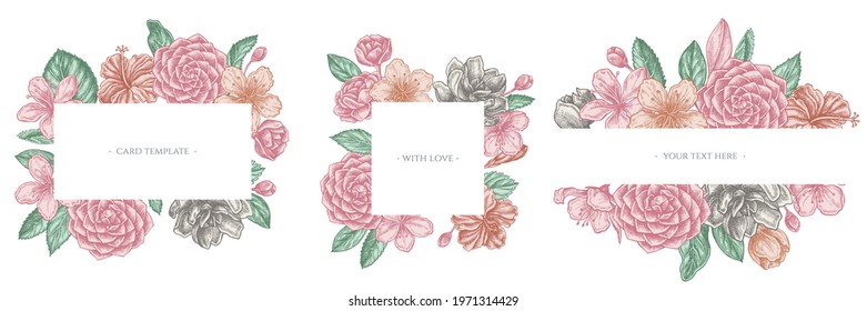 Floral frames with pastel hibiscus, plum flowers, peach flowers, sakura flowers, magnolia flowers, camellia japonica