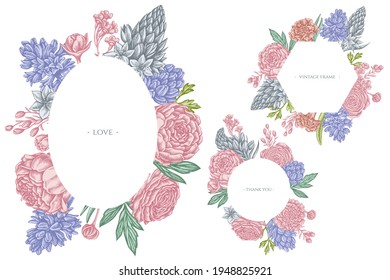 Marcos florales con peonía pastel, clavel, ranunculus, flor de cera, ornitogalum, jacinto