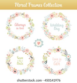 Floral frames with phrases, hand drawn vintage set. Isolated vector colorful lettering, flowers and leaves collection. Design for patterns, textile, print.