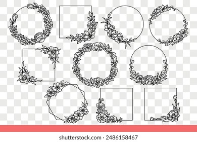 Floral frames for portraits or wedding invitation designs, in circle and square shapes. Frames of wreaths with flowering plants for making cards for women holidays. Hand drawn doodle