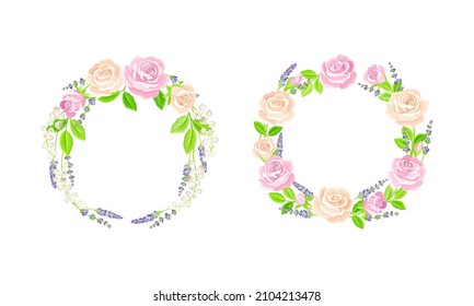 Floral frames with rose and lavender flowers set. Wedding, birthday, valentines day decor element, greeting card design vector illustration