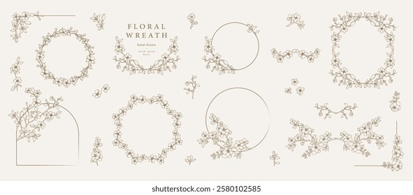 Floral frames set with blooming branches, leaves, flowers in line art. Botanical border, wreath, corner. Vector elements for label, branding, wedding invitation, save the date, monogram, logo,