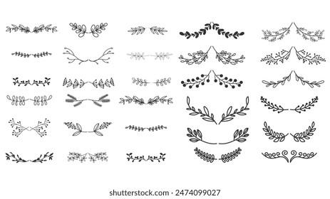 Floral frames set , borders, wreaths Trendy Line drawing, line art style  ,Hand drawn design elements , Flat Modern design isolated on white background ,Vector illustration EPS 10