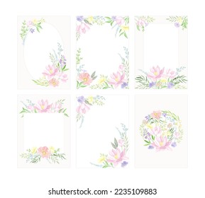 Marco floral. Tarjeta de saludo o invitación con flores silvestres y hojas con espacio para texto en colores pastel ilustración vectorial