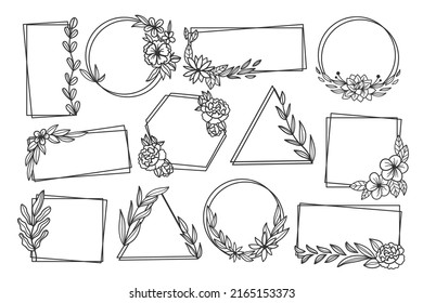 Marco floral. Bordes de contorno dibujados a mano con hojas y flores para invitación de boda y tarjetas, diseño de logotipo y plantilla de afiches. Elegante estilo botánico mínimo. Ilustración del vector