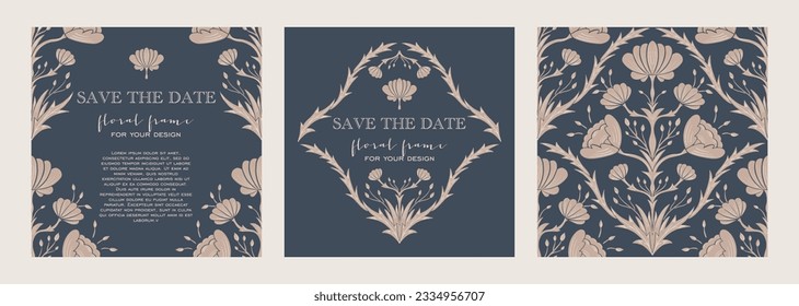 Blumenrahmen einzeln auf Hintergrund. Antike, handgezeichnete Blumenwüsten, perfekt für Hochzeitseinladungen, soziale Medien und Grußkarten. Flaches sepia Design Vorlage.
