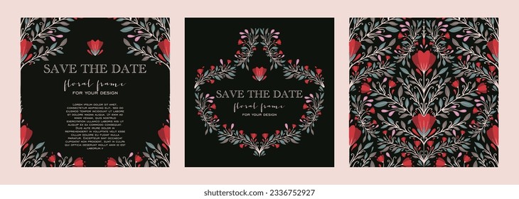 Floral Frames set isolated on a background. Antique hand drawn floral wreath, frame and pattern perfect for wedding invitations, social media and greeting cards. Flat sepia design template.