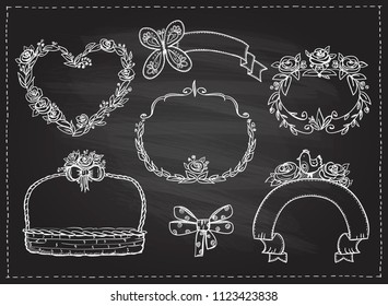 Floral frames set on a chalkboard, hand drawn graphic illustration