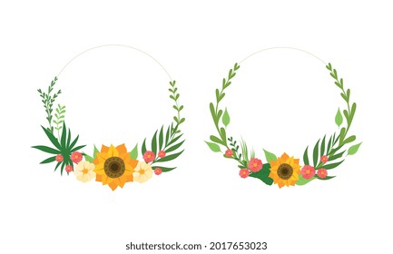 Floral Frames Set, Wreath Made of Brighr Flowers and Green Leaves Vector Illustration