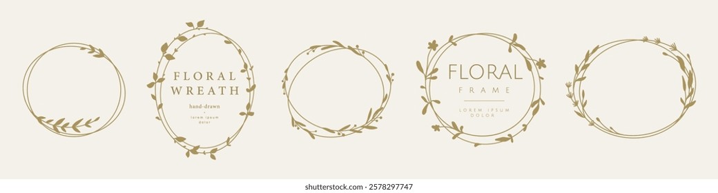 Floral frames with silhouettes of branches, leaves and flowers. Delicate botanical wreaths. Vector isolated elements for wedding invitation, card, logo