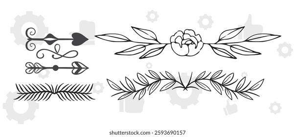 floral frames with silhouettes of branches, leaves and flowers. Hand drawn elegant delicate botanical borders and wreaths