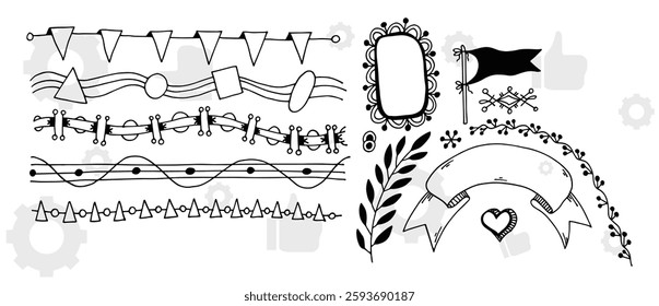 floral frames with silhouettes of branches, leaves and flowers. Hand drawn elegant delicate botanical borders and wreaths