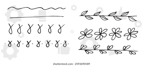 floral frames with silhouettes of branches, leaves and flowers. Hand drawn elegant delicate botanical borders and wreaths