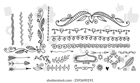 floral frames with silhouettes of branches, leaves and flowers. Hand drawn elegant delicate botanical borders and wreaths