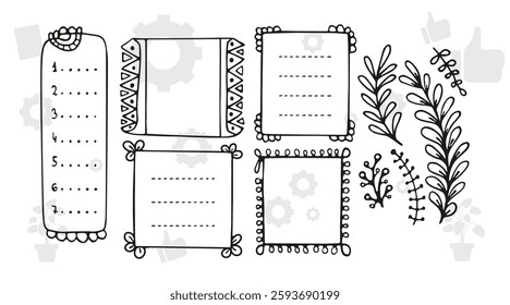 floral frames with silhouettes of branches, leaves and flowers. Hand drawn elegant delicate botanical borders and wreaths